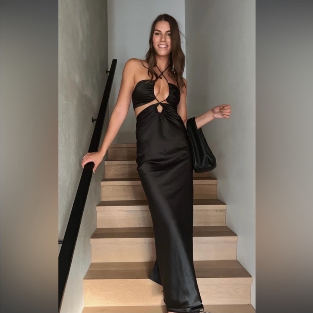 Jgr & Stn Black Soft Satin Ruby Maxi Dress Cutout Halter Size 6